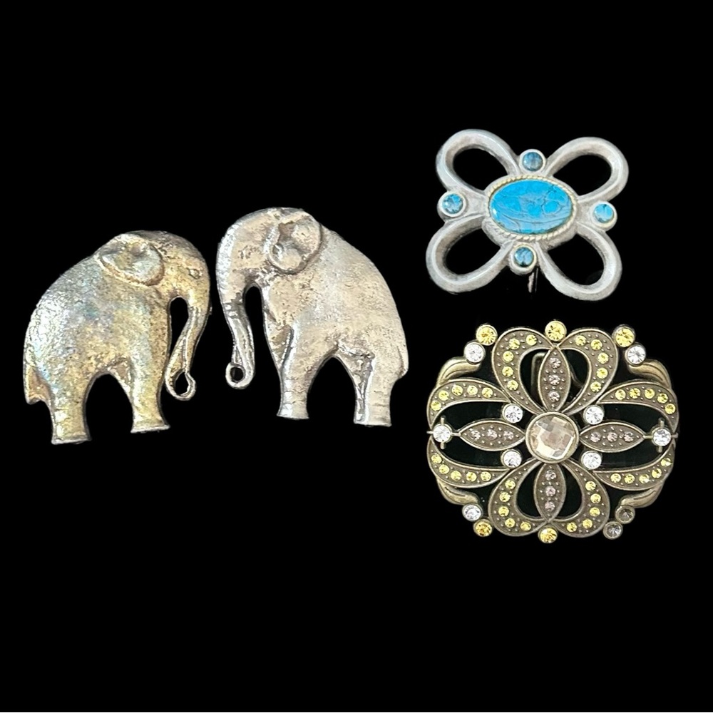 Vintage 1970’s 3 Belt Buckles Elephants, Flower Burst, Southwestern Pewter